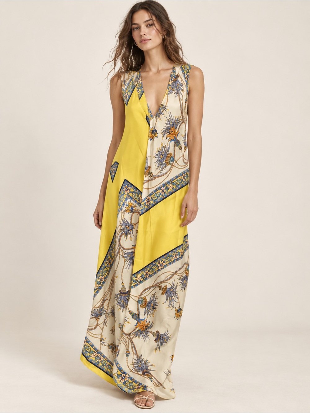 Zara Yellow and Cream Floral Panel Maxi Skirt